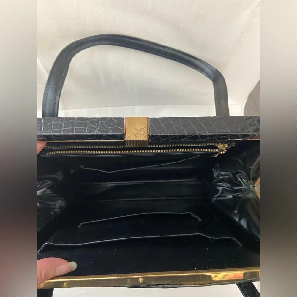 Vintage Deauville Black Crocodile Skin Leather Handbag With Two Handles - Picture 4 of 16